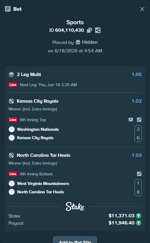 Bet slip: West Virginia Mountaineers - North Carolina Tar Heels, $11,382.40 stake at 1.03 odds, placed by Hidden