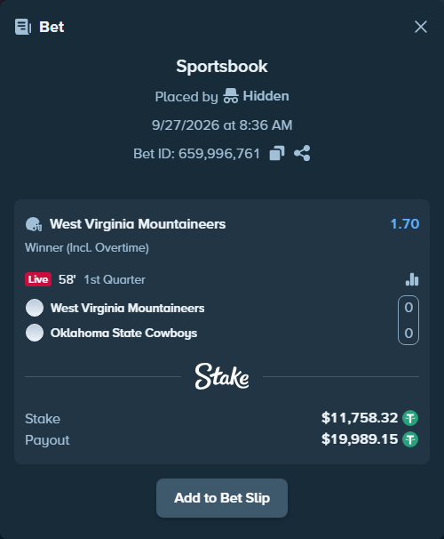 Bet slip: West Virginia Mountaineers - Oklahoma State Cowboys, $11,758.32 stake at 1.70 odds, placed by dc913