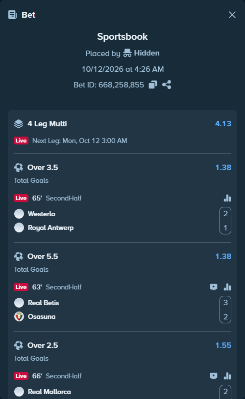 Bet slip: Westerlo - Antwerp, $200,200.00 stake at 1.38 odds, placed by Hidden