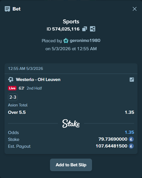 Bet slip: Westerlo - OH Leuven, $3,548.29 stake at 1.35 odds, placed by geronimo1980