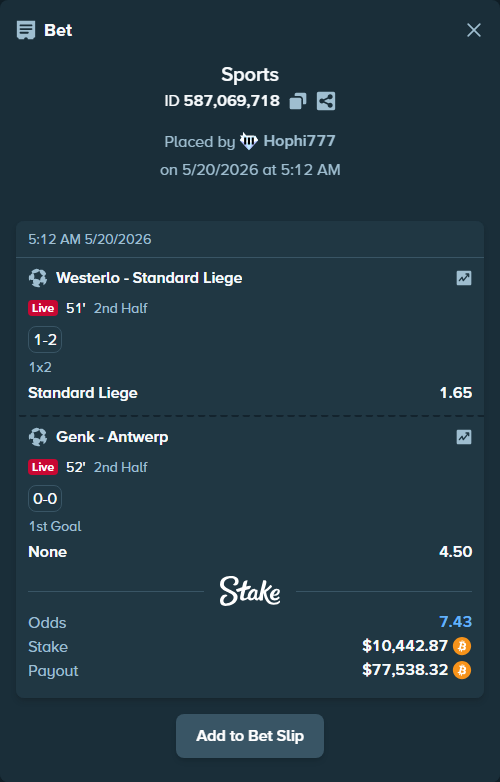 Bet slip: Westerlo - Standard Liege, $8,727.26 stake at 1.65 odds, placed by Hophi777