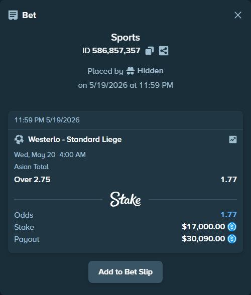 Bet slip: Westerlo - Standard Liege, $17,000.00 stake at 1.77 odds, placed by Hidden