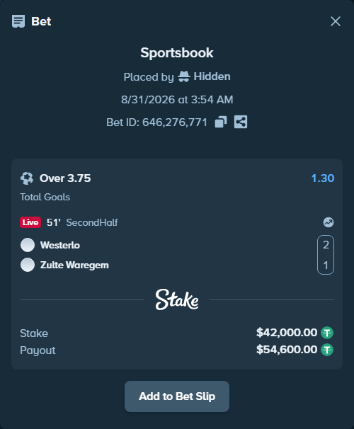 Bet slip: Westerlo - Zulte Waregem, $42,000.00 stake at 1.30 odds, placed by Hidden