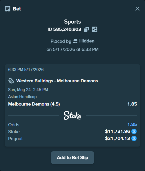 Bet slip: Western Bulldogs - Melbourne Demons, $11,731.96 stake at 1.85 odds, placed by Hidden