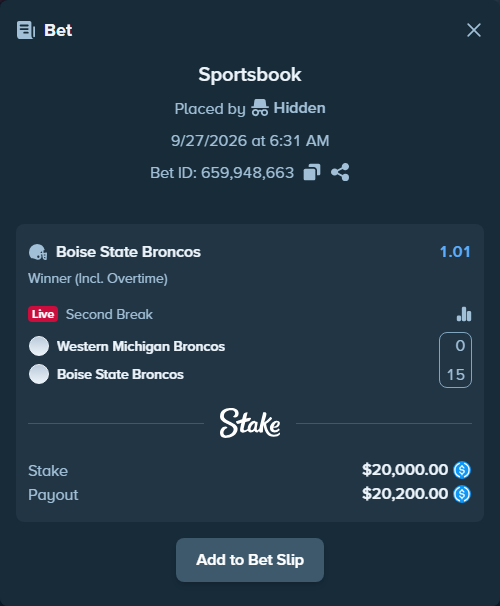 Bet slip: Western Michigan Broncos - Boise State Broncos, $20,000.00 stake at 1.01 odds, placed by Hidden