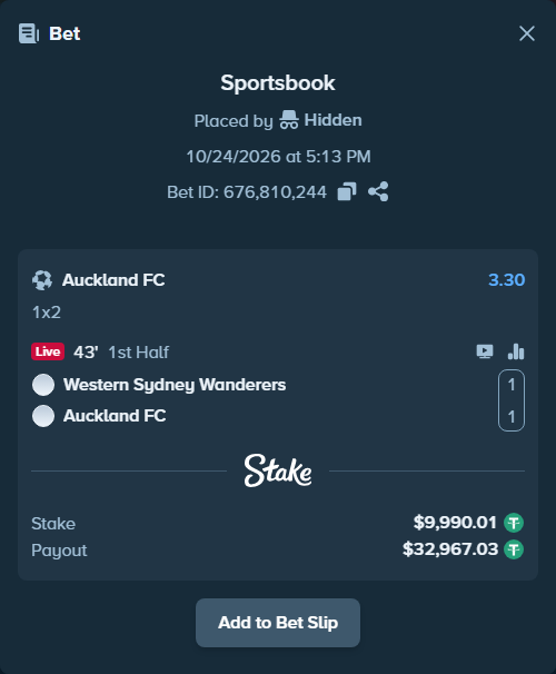 Bet slip: Western Sydney Wanderers - Auckland FC, $10,000.00 stake at 3.30 odds, placed by Hidden