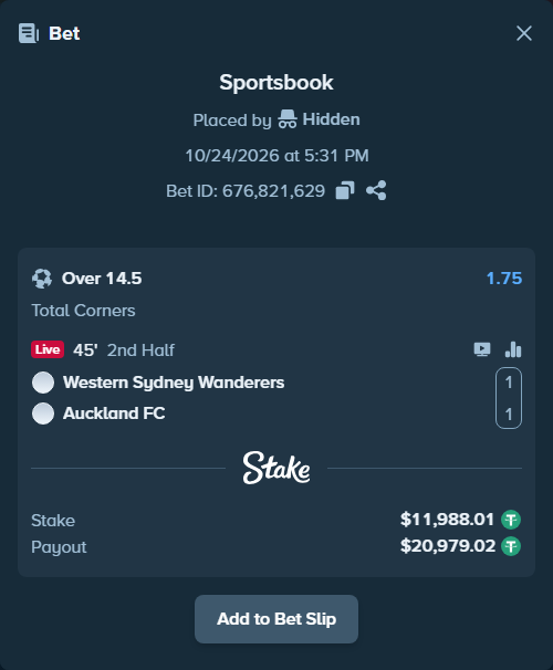 Bet slip: Western Sydney Wanderers - Auckland FC, $12,000.00 stake at 1.75 odds, placed by Hidden