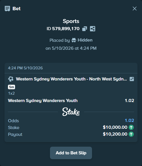 Bet slip: Western Sydney Wanderers Youth - NWS Spirit FC, $10,000.00 stake at 1.02 odds, placed by Hidden