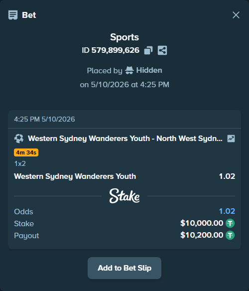 Bet slip: Western Sydney Wanderers Youth - NWS Spirit FC, $10,000.00 stake at 1.02 odds, placed by Hidden