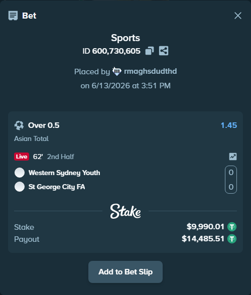 Bet slip: Western Sydney Youth - St George City FA, $10,000.00 stake at 1.45 odds, placed by rmaghsdudthd