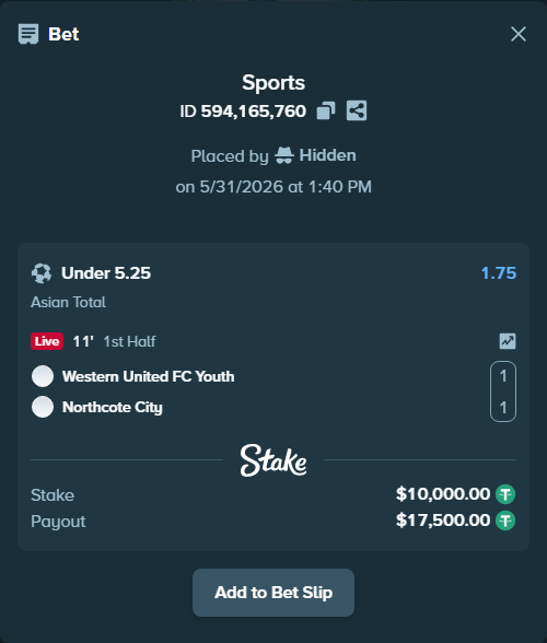 Bet slip: Western United FC Youth - Northcote City, $10,010.00 stake at 1.75 odds, placed by Hidden