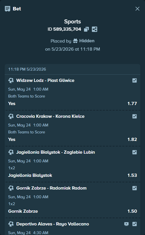 Bet slip: Widzew Lodz - Piast Gliwice, $10,000.00 stake at 1.77 odds, placed by Hidden