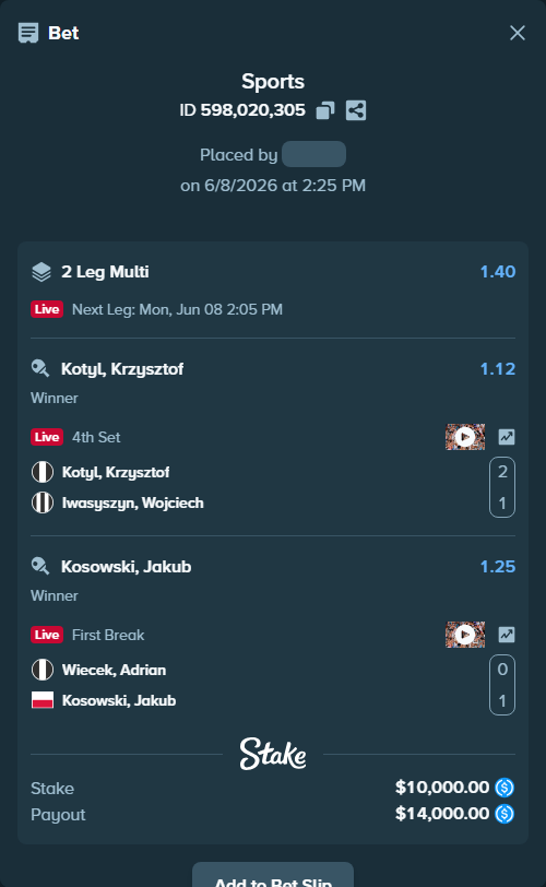 Bet slip: Wiecek, Adrian - Kosowski, Jakub, $10,000.00 stake at 1.25 odds, placed by AsTraL11