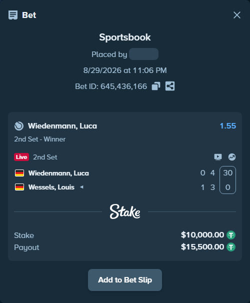 Bet slip: Wiedenmann, Luca - Wessels, Louis, $10,000.00 stake at 1.55 odds, placed by WinTr10