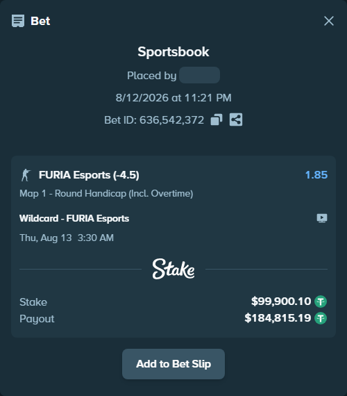 Bet slip: Wildcard - FURIA Esports, $100,000.00 stake at 1.85 odds, placed by GoldenKot