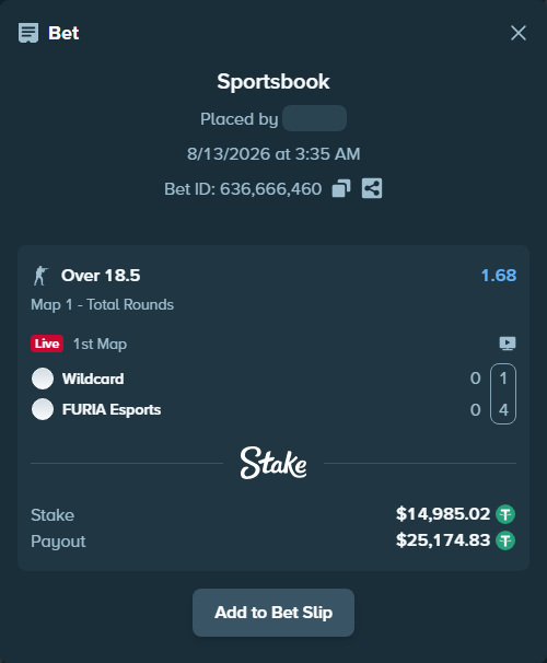 Bet slip: Wildcard - FURIA Esports, $15,000.00 stake at 1.68 odds, placed by saszakoncza