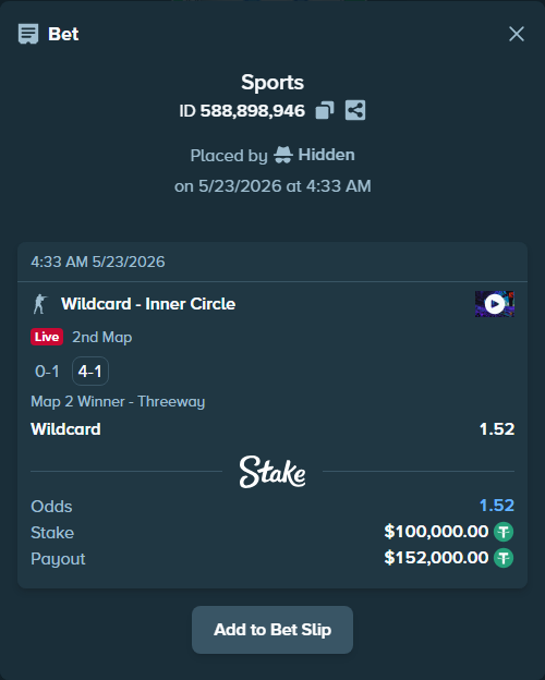 Bet slip: Wildcard - Inner Circle, $100,100.00 stake at 1.52 odds, placed by Hidden