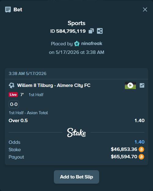 Bet slip: Willem II Tilburg - Almere City FC, $38,434.27 stake at 1.40 odds, placed by ninafreak