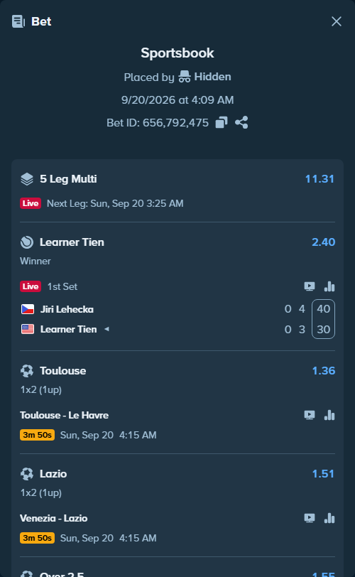 Bet slip: Willem II Tilburg - Fortuna Sittard, $37,404.00 stake at 1.55 odds, placed by Hidden