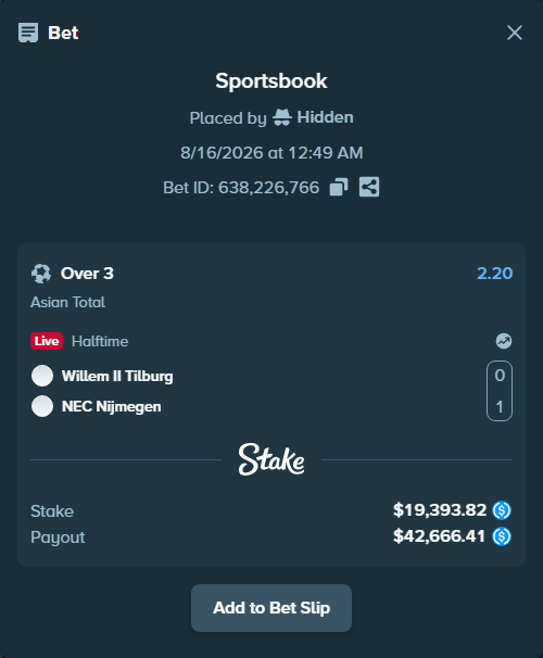 Bet slip: Willem II Tilburg - NEC Nijmegen, $19,393.82 stake at 2.20 odds, placed by Hidden