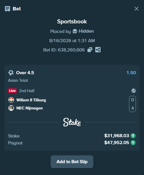 Bet slip: Willem II Tilburg - NEC Nijmegen, $32,000.00 stake at 1.50 odds, placed by Hidden