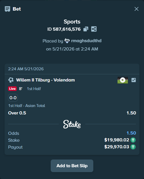 Bet slip: Willem II Tilburg - Volendam, $20,000.00 stake at 1.50 odds, placed by rmaghsdudthd