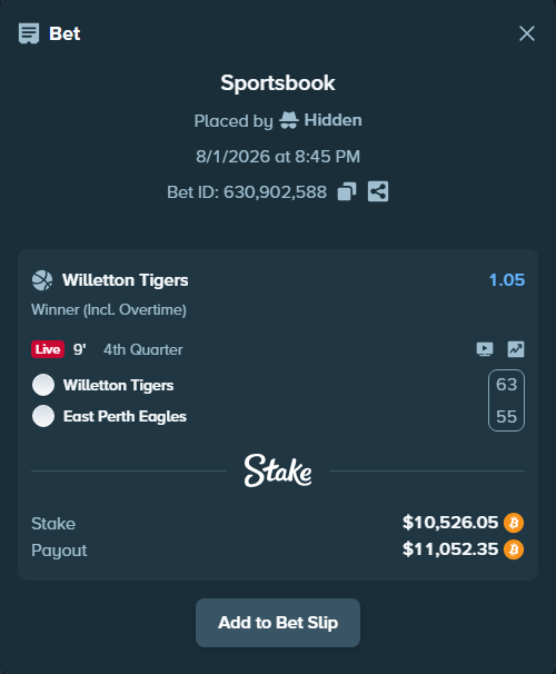 Bet slip: Willetton Tigers - East Perth Eagles, $10,751.99 stake at 1.05 odds, placed by Hidden