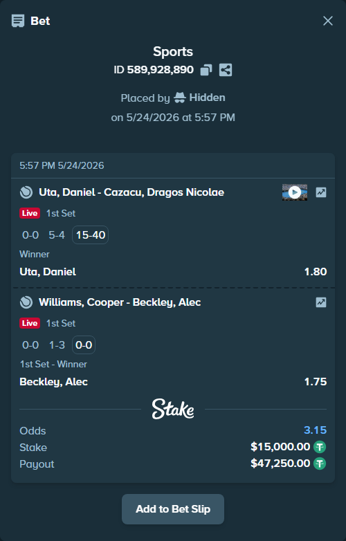 Bet slip: Williams, Cooper - Beckley, Alec, $15,000.00 stake at 1.75 odds, placed by Hidden