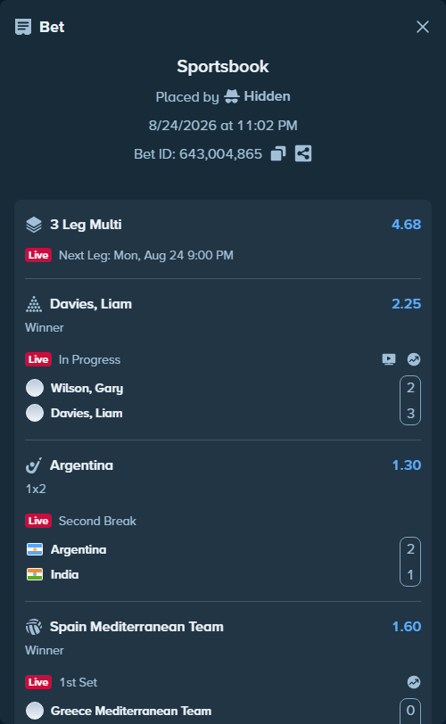 Bet slip: Wilson, Gary - Davies, Liam, $10,000.00 stake at 2.25 odds, placed by Hidden