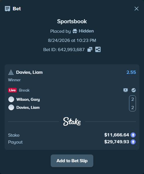 Bet slip: Wilson, Gary - Davies, Liam, $11,542.25 stake at 2.55 odds, placed by Hidden