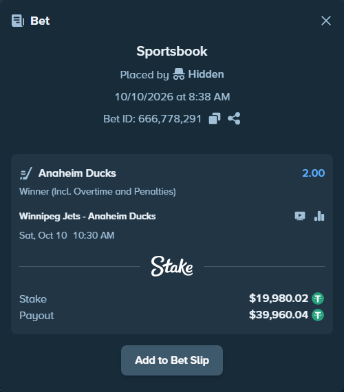 Bet slip: Winnipeg Jets - Anaheim Ducks, $20,000.00 stake at 2.00 odds, placed by Hidden
