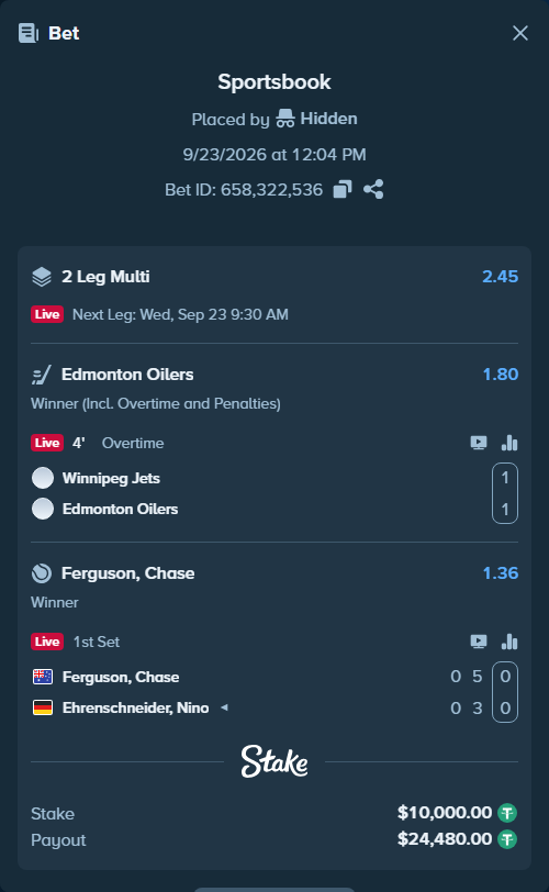Bet slip: Winnipeg Jets - Edmonton Oilers, $10,000.00 stake at 1.80 odds, placed by Hidden