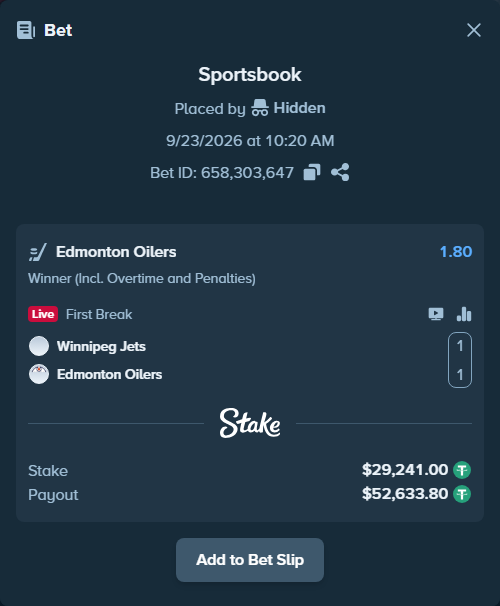 Bet slip: Winnipeg Jets - Edmonton Oilers, $29,241.00 stake at 1.80 odds, placed by Hidden