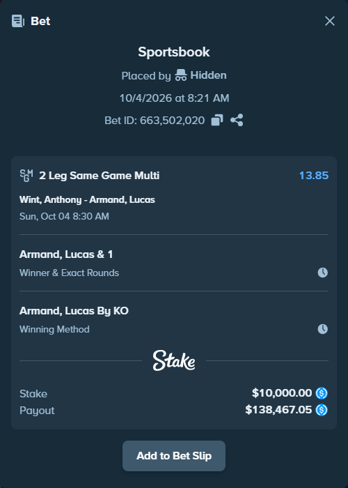 Bet slip: Wint, Anthony - Armand, Lucas, $10,000.00 stake at 9.80 odds, placed by Hidden