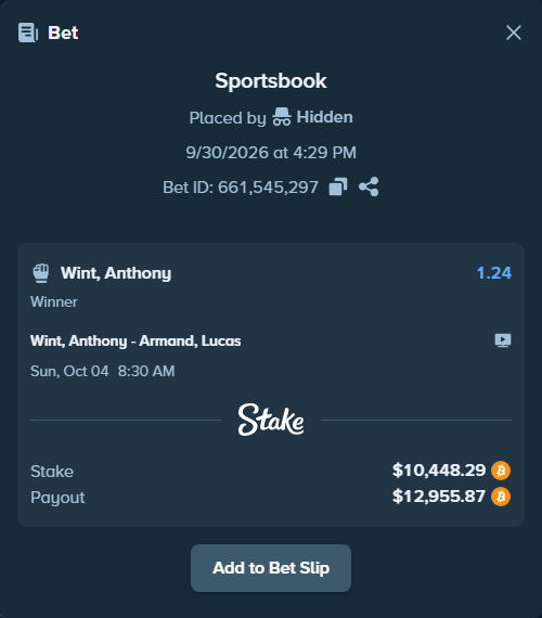 Bet slip: Wint, Anthony - Armand, Lucas, $10,502.44 stake at 1.24 odds, placed by Hidden