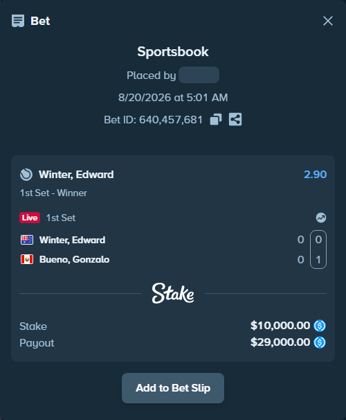 Bet slip: Winter, Edward - Bueno, Gonzalo, $10,000.00 stake at 2.90 odds, placed by kuwkuw