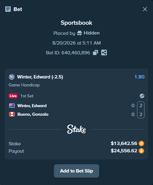 Bet slip: Winter, Edward - Bueno, Gonzalo, $13,850.40 stake at 1.80 odds, placed by Hidden