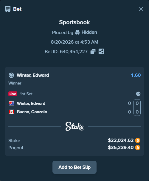 Bet slip: Winter, Edward - Bueno, Gonzalo, $22,368.70 stake at 1.60 odds, placed by Hidden