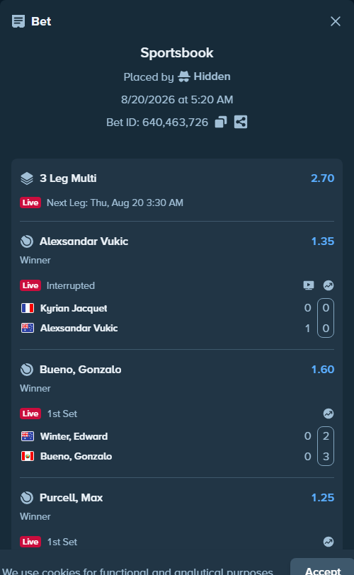 Bet slip: Winter, Edward - Bueno, Gonzalo, $30,000.00 stake at 1.60 odds, placed by Hidden
