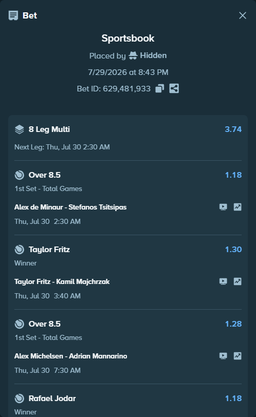 Bet slip: Winter, Edward - Jenson Brooksby, $125,125.00 stake at 1.10 odds, placed by Hidden