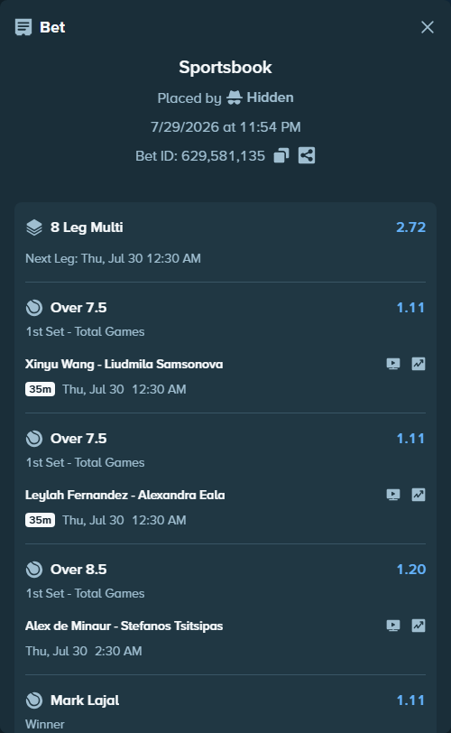 Bet slip: Winter, Edward - Jenson Brooksby, $125,125.00 stake at 1.11 odds, placed by Hidden