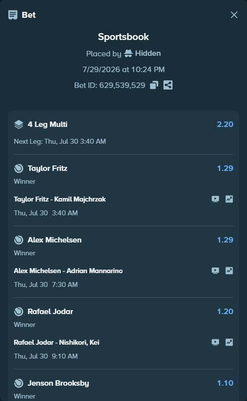 Bet slip: Winter, Edward - Jenson Brooksby, $75,000.00 stake at 1.10 odds, placed by Hidden