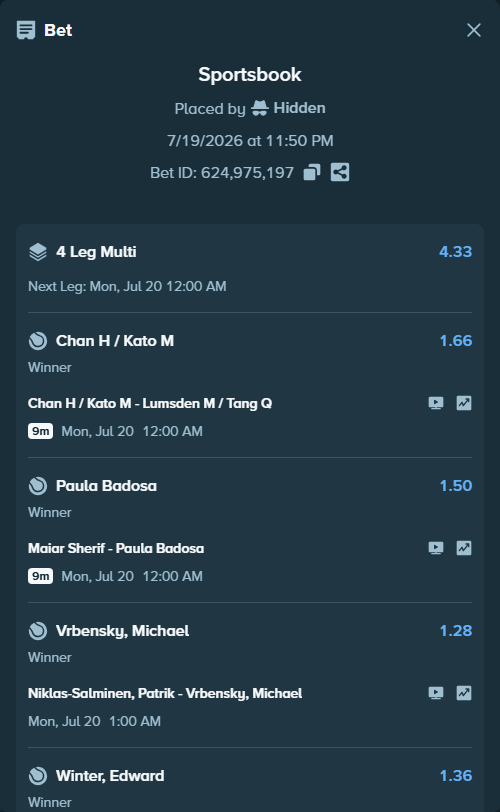 Bet slip: Winter, Edward - Sheehy, Joshua, $20,000.00 stake at 1.36 odds, placed by Hidden