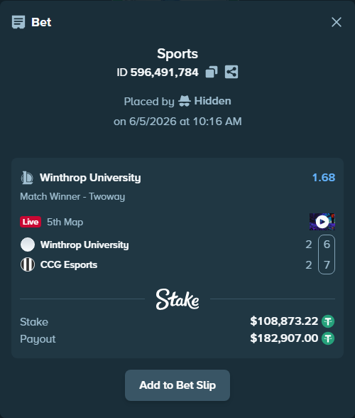 Bet slip: Winthrop University - CCG Esports, $108,982.09 stake at 1.68 odds, placed by Hidden