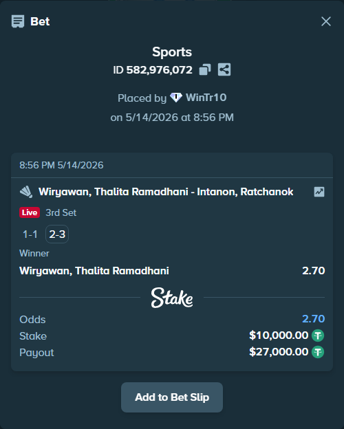 Bet slip: Wiryawan, Thalita Ramadhani - Intanon, Ratchanok, $10,000.00 stake at 2.70 odds, placed by WinTr10