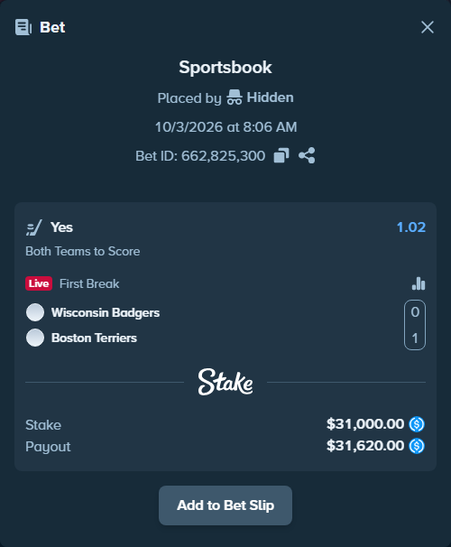 Bet slip: Wisconsin Badgers - Boston University Terriers, $31,000.00 stake at 1.02 odds, placed by piropiro12