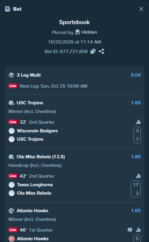 Bet slip: Wisconsin Badgers - USC Trojans, $13,653.00 stake at 1.65 odds, placed by Hidden