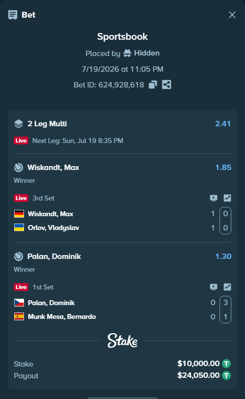 Bet slip: Wiskandt, Max - Orlov, Vladyslav, $10,000.00 stake at 1.85 odds, placed by Hidden