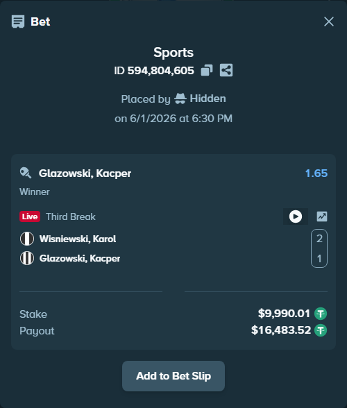 Bet slip: Wisniewski, Karol - Glazowski, Kacper, $10,000.00 stake at 1.65 odds, placed by WinTr10