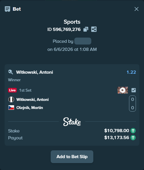 Bet slip: Witkowski, Antoni - Olejnik, Martin, $10,798.00 stake at 1.22 odds, placed by WinTr10